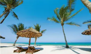 Plaża z palmami, leżakami i parasolem pod błękitnym niebem.