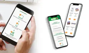 Dwie smartfony prezentują aplikację Delikatesy Centrum, pokazując proces zakupów online i listę produktów.