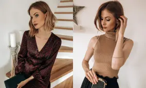 Dwie propozycje stylizacji na wieczorne wyjście ze znajomymi: sukienka w panterkę i elegancki golf z plisowaną spódnicą.