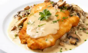 Knuspriges Schnitzel mit cremiger Champignon-Rahm-Sauce und Reis, garniert mit Petersilie. Ein köstliches Gericht!