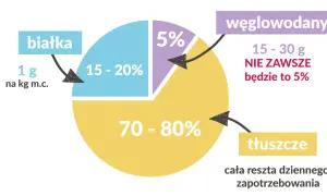 Wykres kołowy pokazuje zapotrzebowanie na makroskładniki: białka (1g/kg m.c.), węglowodany (15-30g, nie zawsze 5%) i tłuszcze (70-80%).