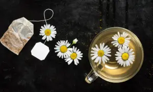 Kamillentee mit frischen Blüten und Teebeutel. Ein natürliches Hausmittel, um die Verdauung schnell anzuregen.