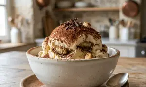 Une coupe de glace tiramisu onctueuse, saupoudrée de cacao et de copeaux de chocolat, avec des morceaux de biscuits savoiardi.