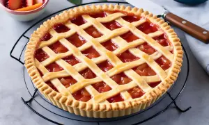 Crostata con ripieno di frutta, preparata con pasta frolla per crostata, su una griglia di raffreddamento.