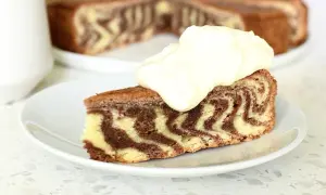En bit tigerkaka i långpanna med en klick vispgrädde. Mörka och ljusa mönster skapar ett vackert zebramönster.