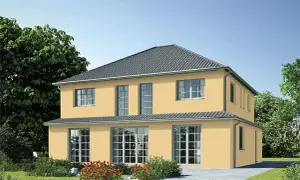 Sonnengelbe Hausfassade mit großen Fenstern, umgeben von Grün. Tolle Hausfassade Farbe Ideen für ein helles Zuhause.