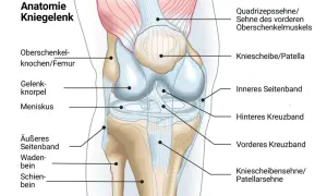 Anatomie des Kniegelenks: Femur, Patella, Kreuzbänder, Seitenbänder. Mögliche Ursachen für Schmerzen Knie Innenseite ohne Schwellung.