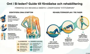 Ont i SI-leden? En guide för att förstå och rehabilitera smärta i ländryggen. Bilden visar symptom och tre faser av övningar för att stärka bålen och höfterna.