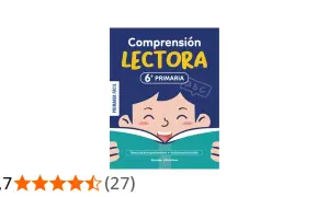 Libro de **comprensión lectora** para 6º de primaria. Un niño feliz lee un libro abierto, con "abc" en un bocadillo.