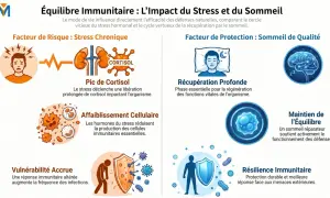 Le stress chronique augmente le cortisol, affaiblissant le système immunitaire. Le sommeil de qualité favorise la régulation hormonale et la résilience.
