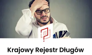 Zmartwiony mężczyzna w okularach trzyma karty kredytowe, logo KRD.