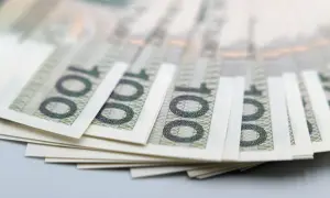 Stos banknotów 100 zł. Może symbolizować zasiłek stały dla osób z umiarkowanym stopniem niepełnosprawności.