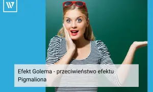 Zaskoczona kobieta z czerwonymi okularami na głowie, prezentująca efekt Golema – przeciwieństwo efektu Pigmaliona.