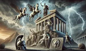 Gudar i mytologin, med Zeus tronande över ett tempel, medan bevingade hästar flyger genom ett åskväder.