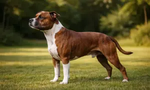 Ein stattlicher Staffordshire Bullterrier steht auf einer sonnigen Wiese, sein braun-weißes Fell leuchtet im Licht.