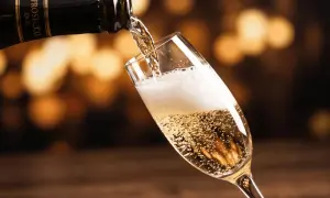Bąbelki musującego prosecco wypełniają kieliszek, gdy jest nalewane z butelki. To jest właśnie prosecco!