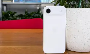 Biały iPhone 5c z charakterystycznym modułem aparatu, stojący na drewnianym blacie obok doniczki.