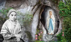 Św. Bernadeta Soubirous i Matka Boża w Lourdes. Obraz zachęca do krótkich rozważań różańcowych.