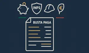 Busta paga con icone: salvadanaio, scudo INPS, casco, euro. Rappresenta la tabella costo aziendale dipendente.