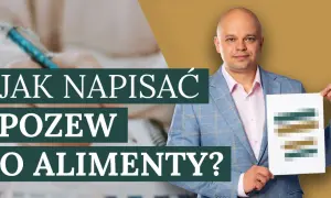 Profesjonalny pozew o alimenty: mężczyzna w garniturze prezentuje dokument z tekstem "Jak napisać pozew o alimenty?".