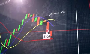 Gráfico de velas con líneas de tendencia y un indicador de $100, ideal para entender las inversiones binarias.