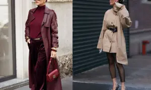 Eleganckie jesienne outfity: bordowy płaszcz i sztruksowe spodnie obok beżowego trencza i siateczkowych rajstop.