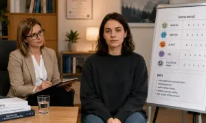 Terapeutka notuje podczas sesji, na tablicy lista objawów BPD, sugerująca borderline diagnoza.