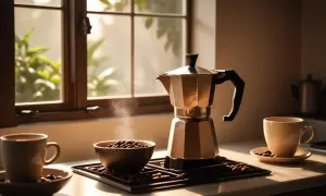 En moka-bryggare i koppar, ångande kaffebönor i en skål och en kopp kaffe. Perfekt för en lugn morgon med **pour over**.