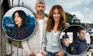 Här är en bild med skådespelare från svenska serier. En kvinna i cirkel, ett par i mitten och två poliser i en annan cirkel.