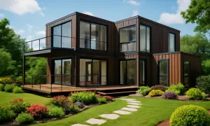 Moderna casa construida en un container, con amplios ventanales y balcón, rodeada de un jardín verde y flores.