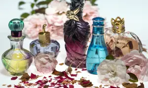 Kilka flakonów perfum, kwiaty i płatki róż na białym tle.