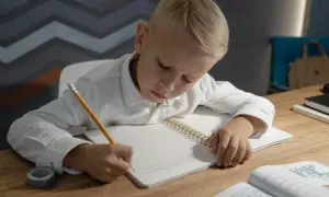 Niño rubio concentrado escribiendo en su cuaderno, practicando el dictado 4 primaria.
