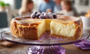 Ein köstlicher Käsekuchen mit Blaubeeren, der sich perfekt zum Kuchen einfrieren eignet, steht auf einem lila Tortenständer.