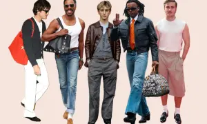 Fünf Männer präsentieren unterschiedliche **clothing styles**: von lässig mit Jeans und Cardigan bis schick mit Lederjacke und Krawatte.