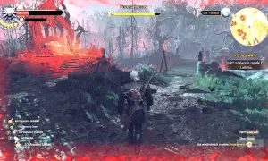 Geralt w rynsztunku szkoły żmii przemierza mroczny las. Czerwone światło otacza ruiny.