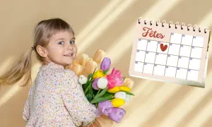 Une petite fille souriante tient un bouquet de tulipes colorées. À côté, un calendrier indique "Fêtes", peut-être pour célébrer son prénom ou une fête nationale.