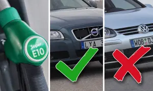 Grön bensinmackapär med "Super E10" och en Volvo med bockad bock, men en VW med kryss. Välj rätt bensin 95 eller 98!