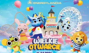 Postacie z Energylandii na tle parku rozrywki z napisem "Wielkie Otwarcie 16.04.2026".