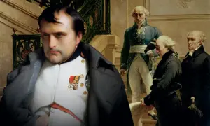 Napoleon Bonaparte, med sina utmärkelser, står framför en trappa där andra män i historiska kläder samlas. Här finns fakta om Napoleon.
