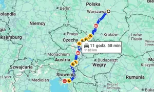 Trasa z Warszawy przez Czechy, Austrię i Słowenię do Włoch. Podróż trwa 11 godz. 58 min, dystans 1188 km.