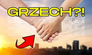 Dwie dłonie splecione, nad nimi napis "GRZECH?!". Czy seks po ślubie to grzech? Czerwona strzałka wskazuje na pytanie.