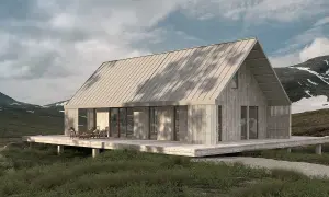 Modern trävilla i fjällandskap med stor altan. En dröm att ha på sin checklista bygga hus.