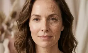 Il volto di una donna mostra gli effetti del sole e del tempo, con rughe e macchie solari su un lato, e pelle liscia sull'altro.