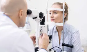 Badanie wzroku u okulisty. Pacjentka z astygmatyzmem czeka na diagnozę, czy potrzebuje okularów plusy czy minusy.
