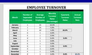 Foglio di calcolo per il turnover del personale. Mostra un esempio di calcolo turnover mensile, trimestrale e annuale.