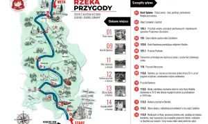 Mapa z trasą spływu pontonowego Nysą Kłodzką. Od startu w Pałacu Ławica, przez ciekawe miejsca i przystanie, aż do mety w Bardzie.