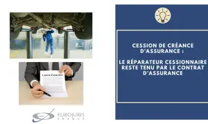 Un garagiste sous une voiture, un contrat d'assurance, et le texte "Cession de créance d'assurance : le réparateur cessionnaire reste tenu par le contrat d'assurance".