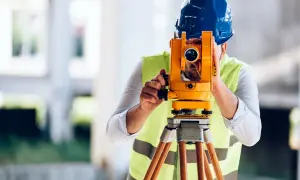 Geodeta w kasku i kamizelce odblaskowej przez lunetę niwelatora precyzyjnie mierzy teren budowy.