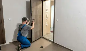Monter w niebieskich ogrodniczkach montuje drzwi zewnętrzne, klamiąc klamkę.