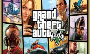 Grafika z gry Grand Theft Auto V: helikopter, kobieta z telefonem, mężczyzna w masce, motocyklista, pies, kierowca i samochód.